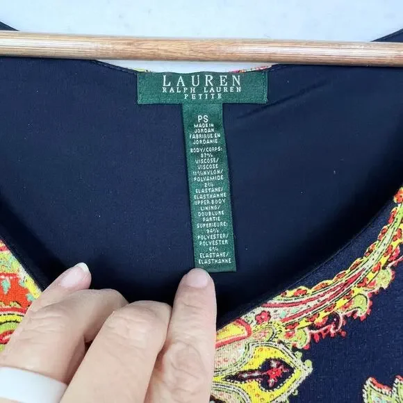 Ralph Lauren Jersey Paisley Orange Navy Blue Fit and Flare Dress Petite Small - Picture 7 of 9